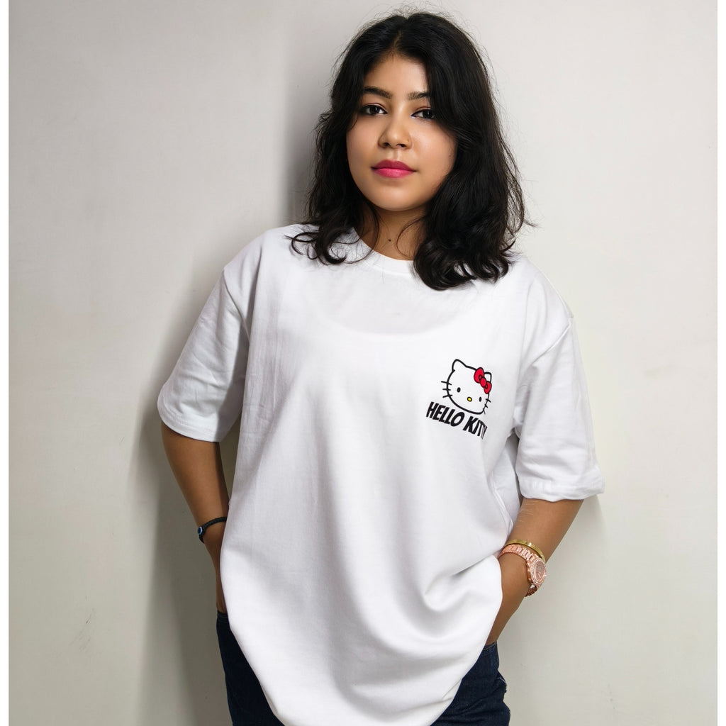 Phynax Girls Hello Kitty Edition Premium Oversized T-shirt ,100% Cotton, 210GSM, White Colour