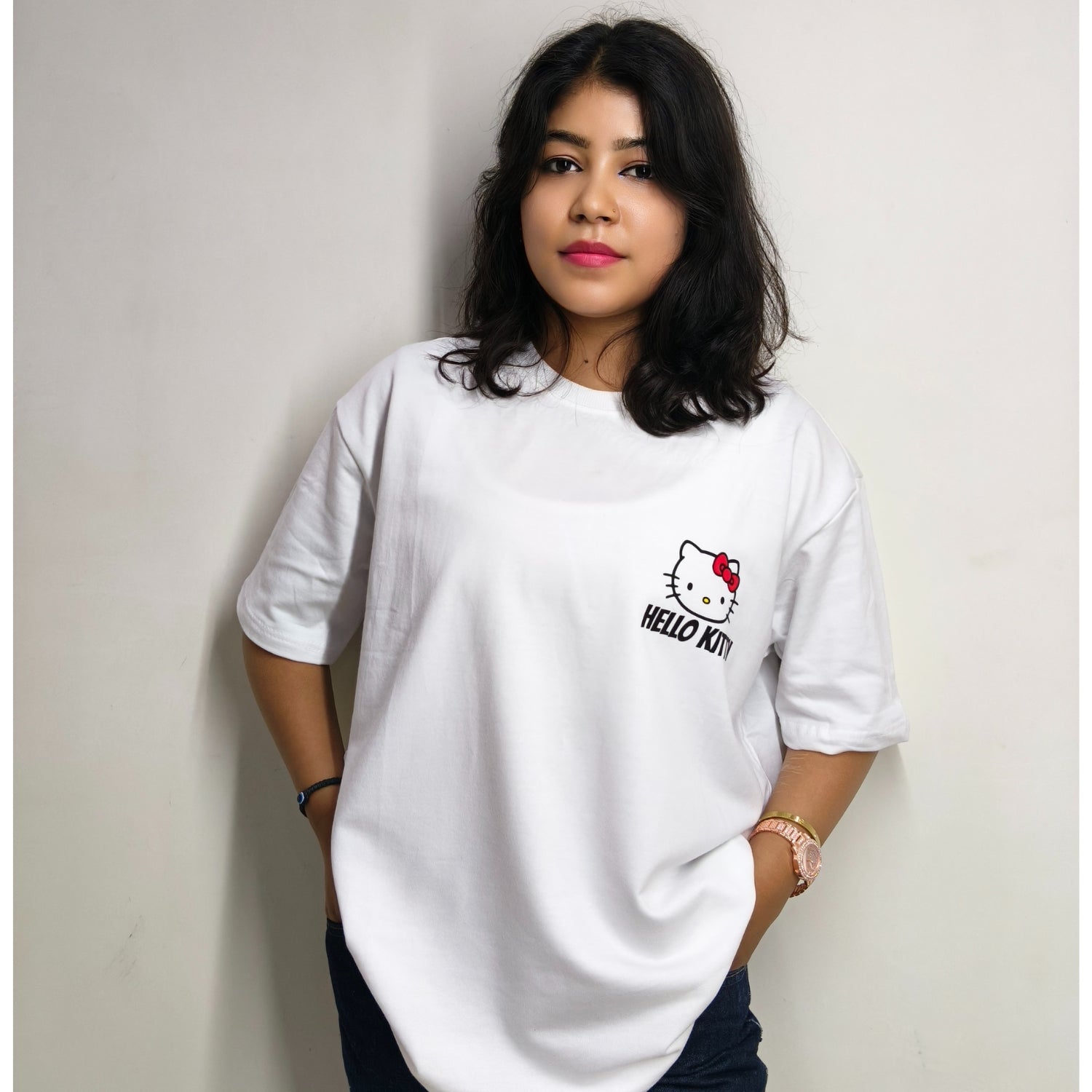 Phynax Girls Hello Kitty Edition Premium Oversized T-shirt ,100% Cotton, 210GSM, White Colour