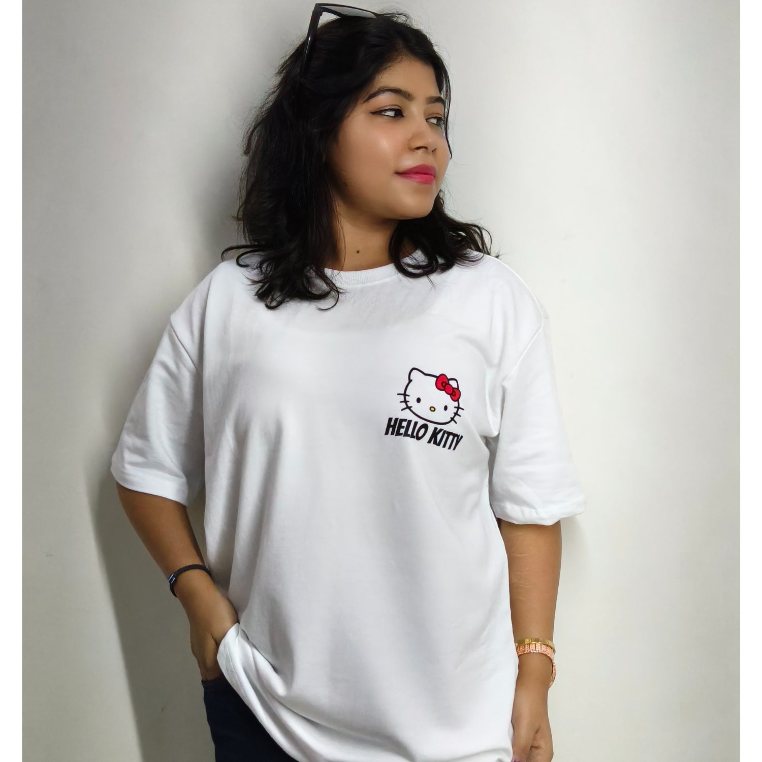 Phynax Girls Hello Kitty Edition Premium Oversized T-shirt ,100% Cotton, 210GSM, White Colour