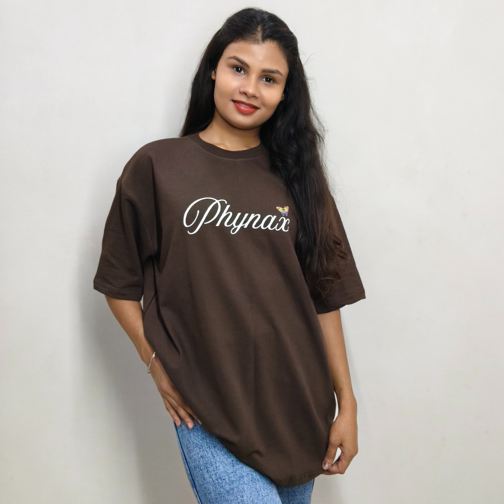 Phynax Women,s Premium Oversized T-Shirt ,Brown Colour , Butterfly Print, 210GSM , 100% Cotton