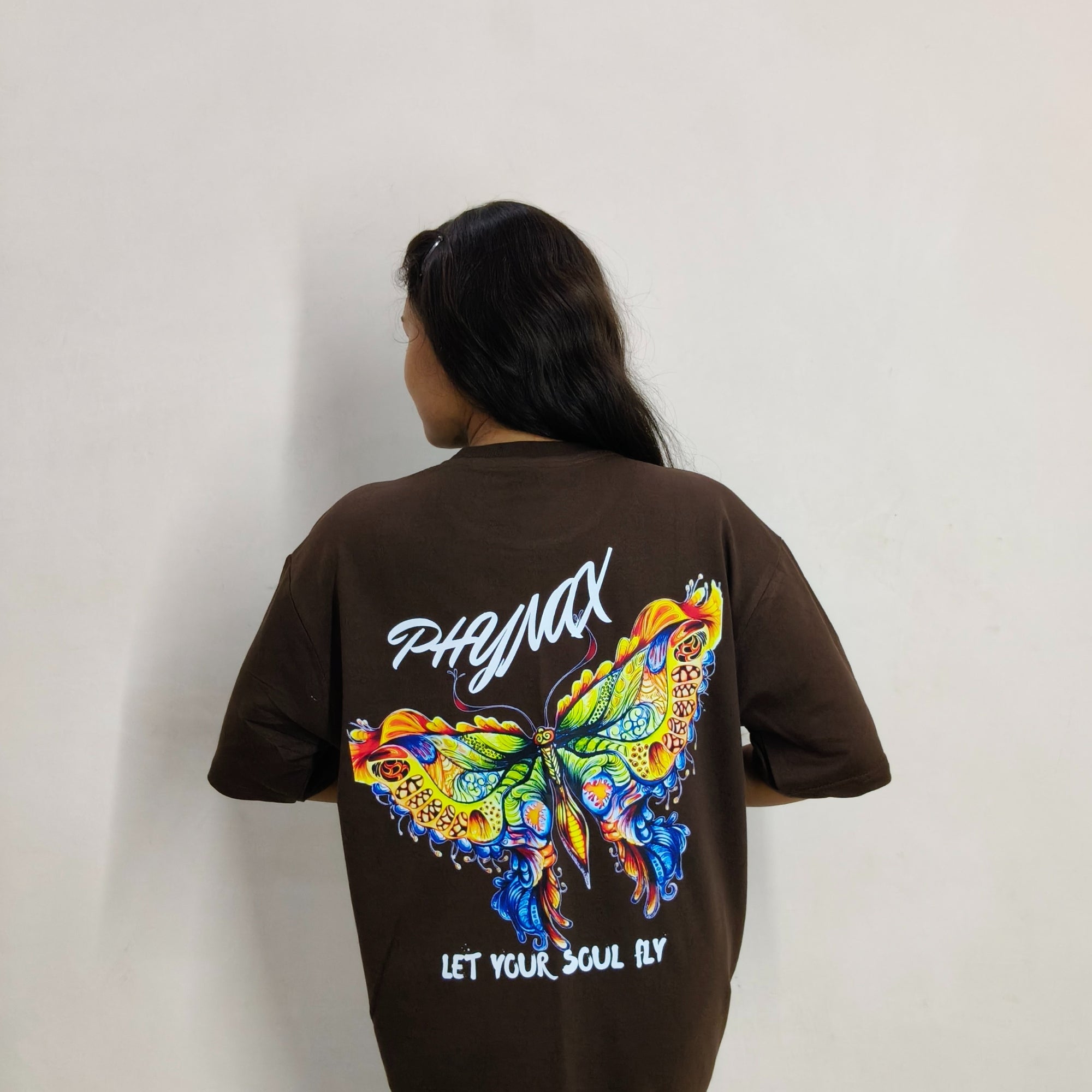 Phynax Women,s Premium Oversized T-Shirt ,Brown Colour , Butterfly Print, 210GSM , 100% Cotton