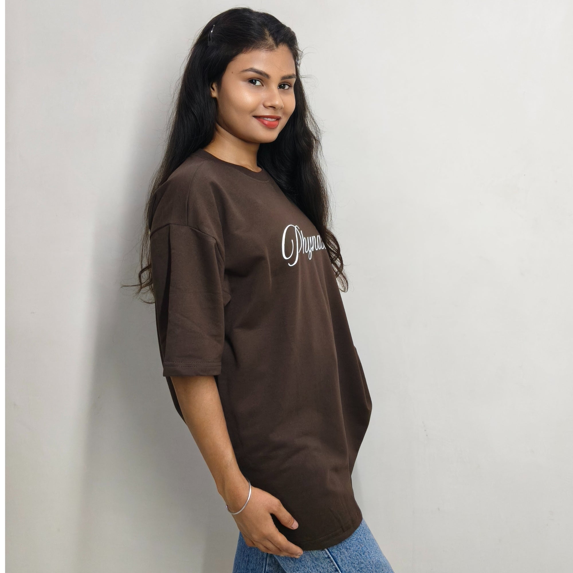 Phynax Women,s Premium Oversized T-Shirt ,Brown Colour , Butterfly Print, 210GSM , 100% Cotton