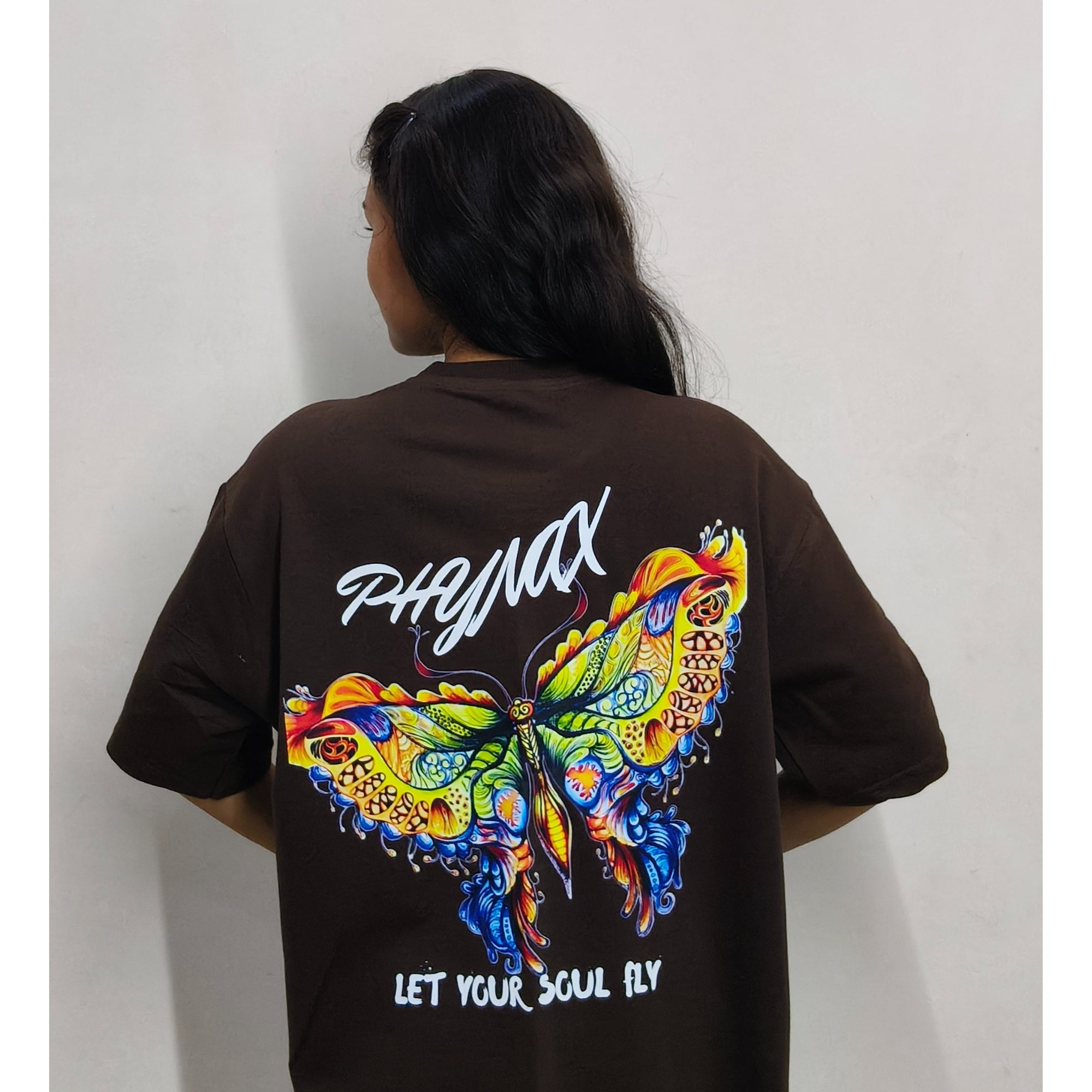 Phynax Women,s Premium Oversized T-Shirt ,Brown Colour , Butterfly Print, 210GSM , 100% Cotton