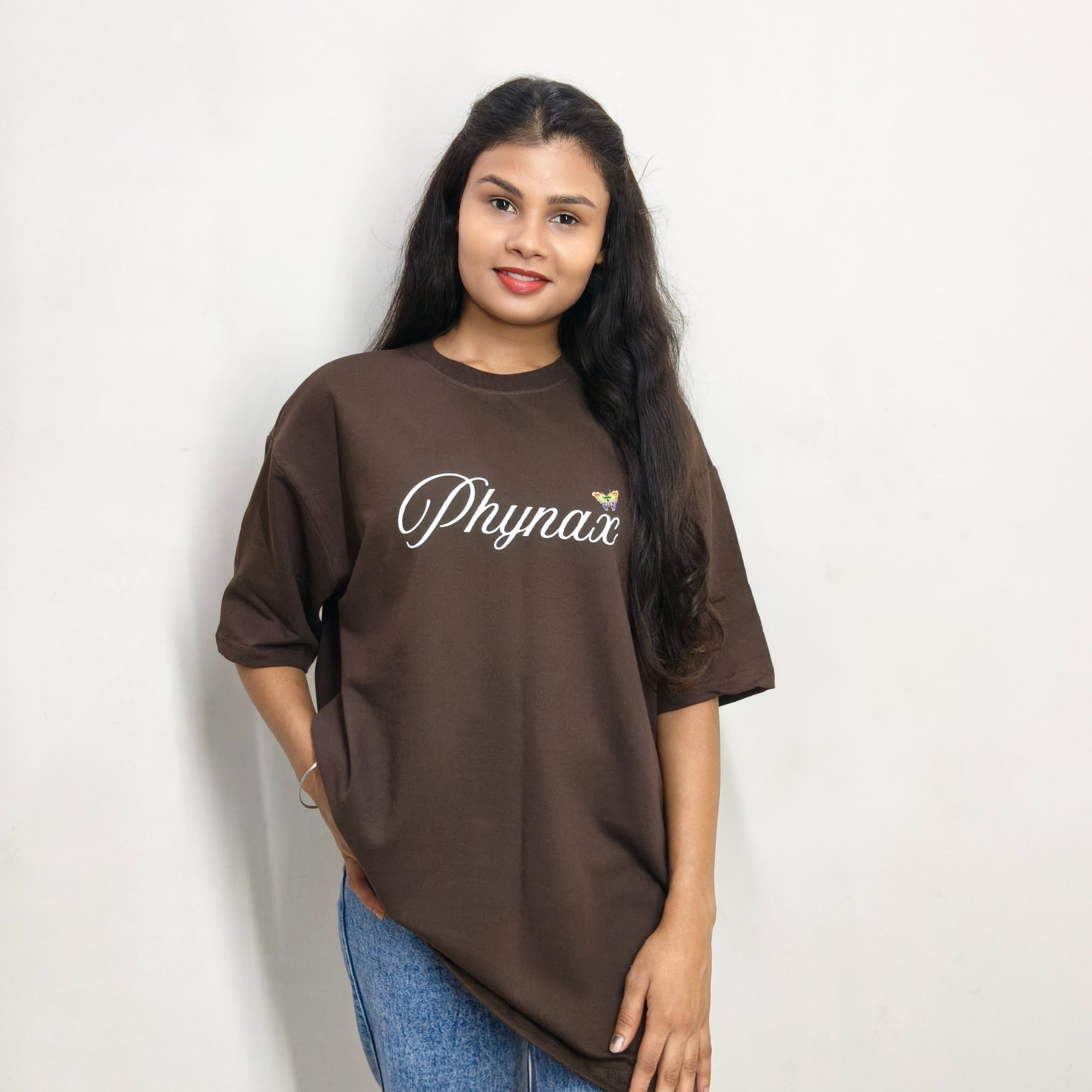 Phynax Women,s Premium Oversized T-Shirt ,Brown Colour , Butterfly Print, 210GSM , 100% Cotton